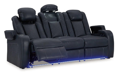 Fyne-dyme power reclining sofa with adj headrests, dark leather 4-seat layout on Tampa Home & Garden Store