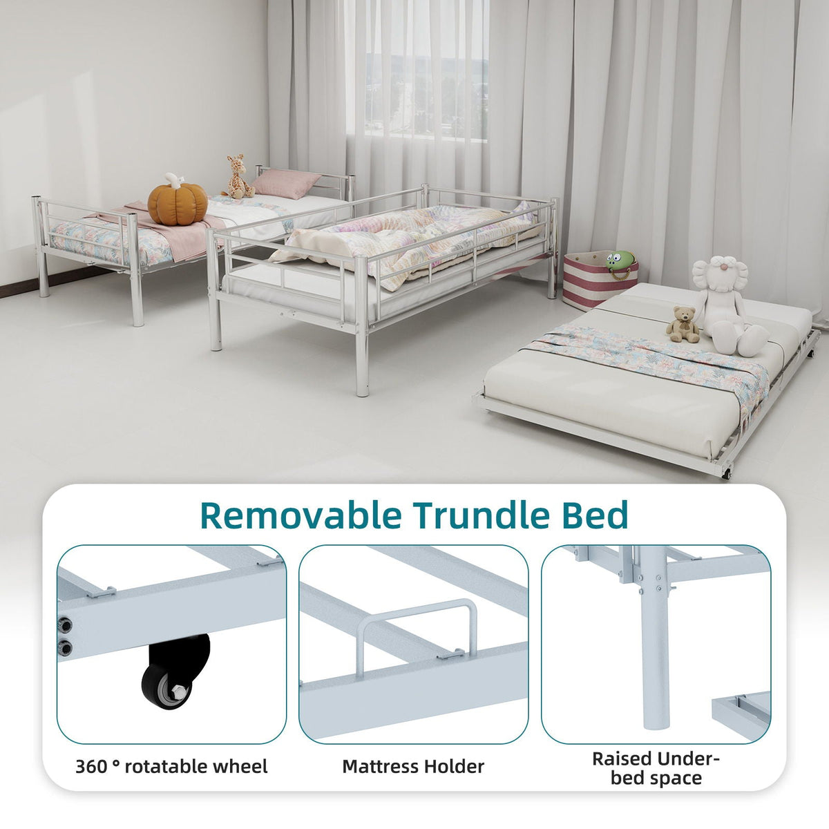 Bunk bed for kids with silver metal frame, ladders and guardrails by HouseOfZazla on Tampa Home & Garden Store