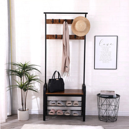 Hall Tree With Shoe Bench and 9 Removable Hooks