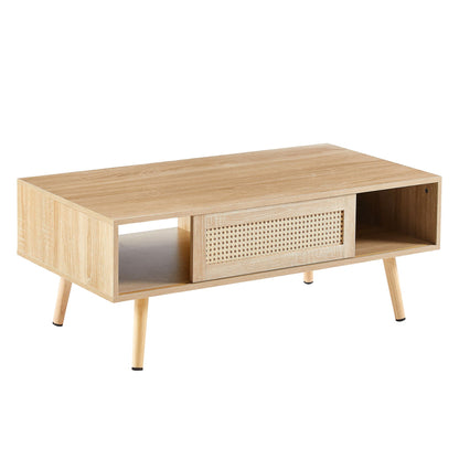 Rattan Coffee Table with sliding storage, natural finish, wood legs Unique Piece Furniture on Tampa Home & Garden Store