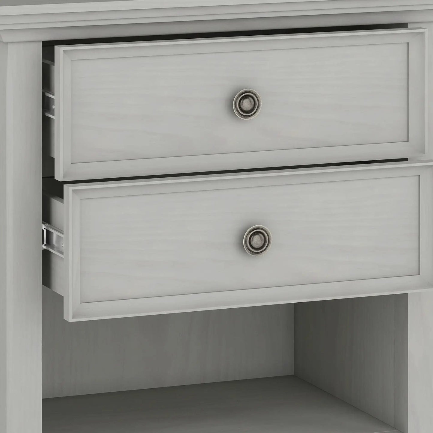 Amherst bedside table, handcrafted two-drawer unit in graywashed wood with brushed metal ring pulls on Tampa Home & Garden Store