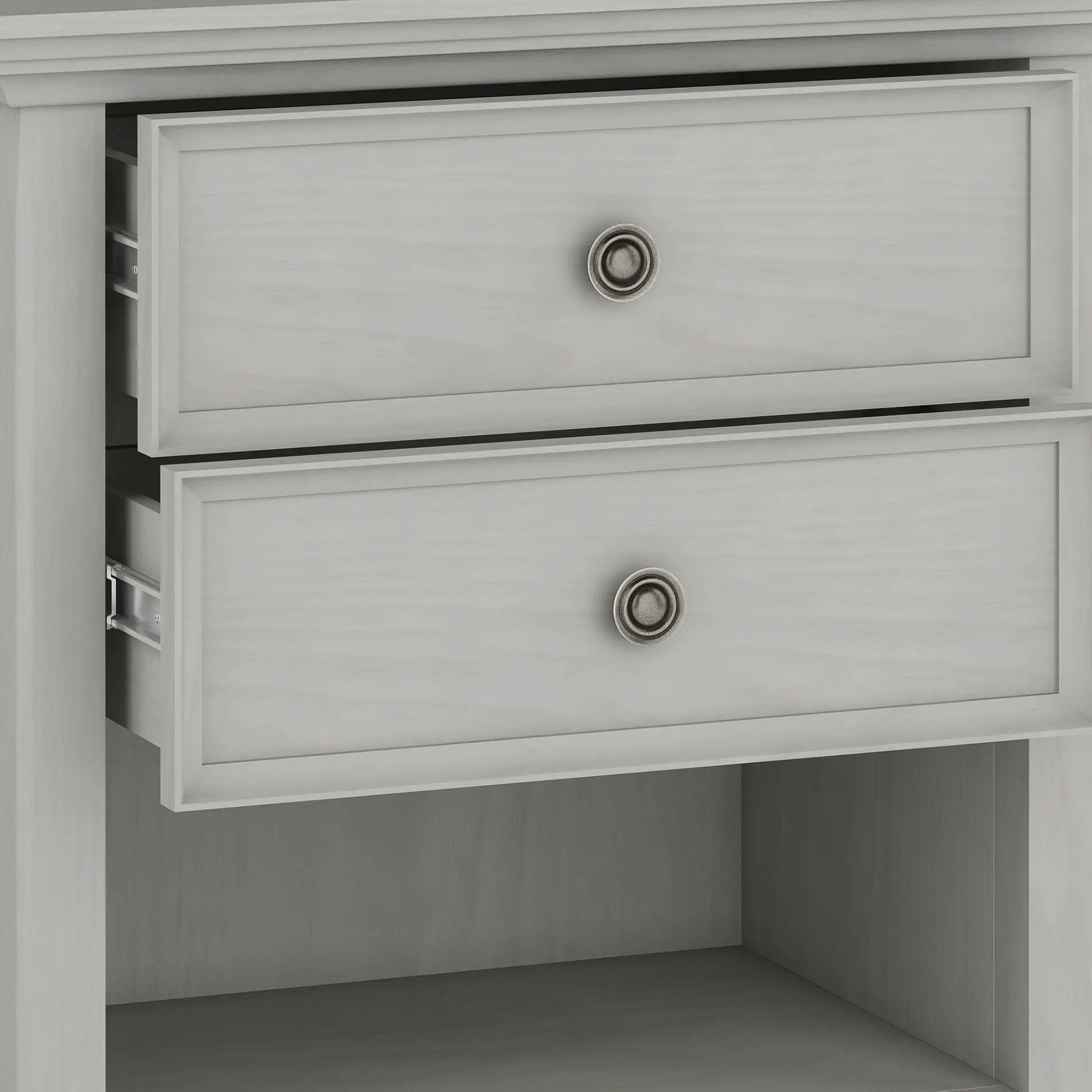 Amherst bedside table, handcrafted two-drawer unit in graywashed wood with brushed metal ring pulls on Tampa Home & Garden Store