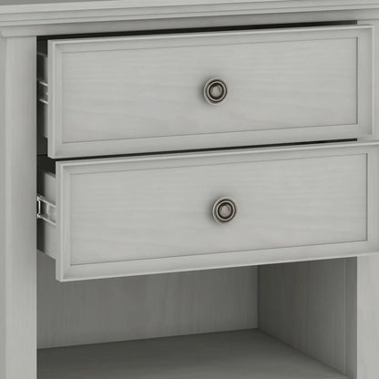 Amherst bedside table, handcrafted two-drawer unit in graywashed wood with brushed metal ring pulls on Tampa Home & Garden Store