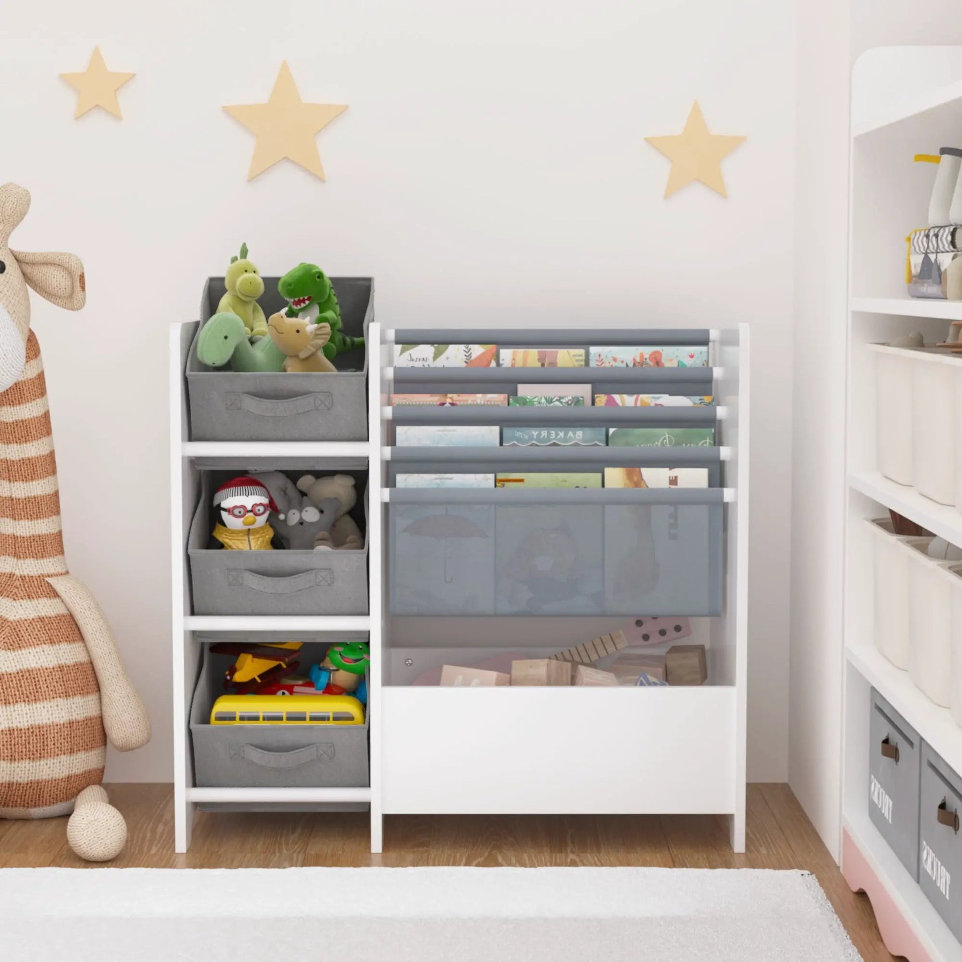Bookshelf and toy storage organizer white 4-tier with 3 collapsible gray fabric drawers on Tampa Home & Garden Store