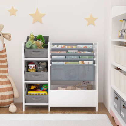 Bookshelf and toy storage organizer white 4-tier with 3 collapsible gray fabric drawers on Tampa Home & Garden Store