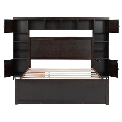 Bed With All In One Cabinet, Shelf And Sockets, Twin Long Trundle espresso with side cabinets on Tampa Home & Garden Store