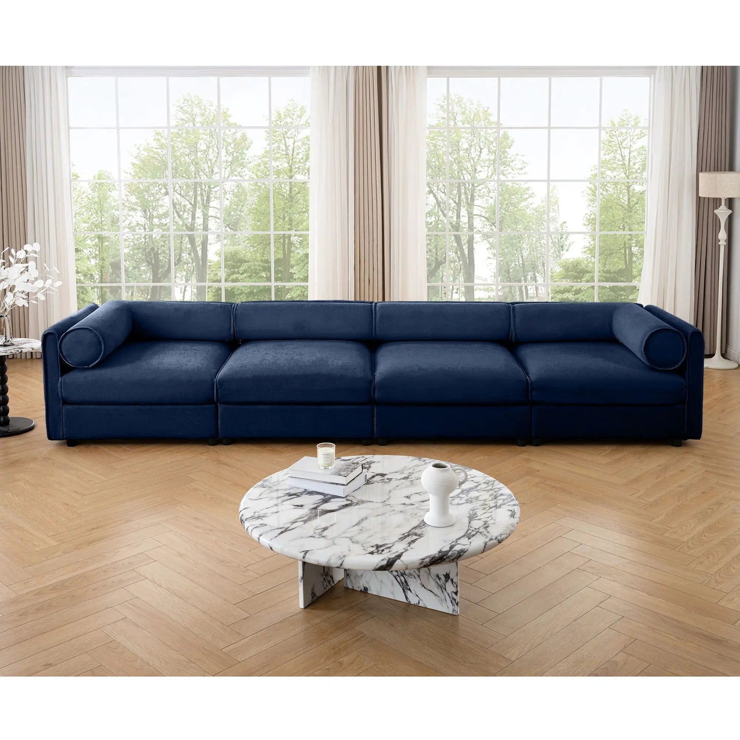 Stylish sofa with storage seat and cylindrical backrest in navy blue by Unique Piece Furniture on Tampa Home & Garden Store