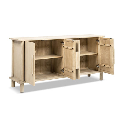 Natural reclaimed wood 4-door sideboard with streamlined storage and interior shelves on Tampa Home & Garden Store