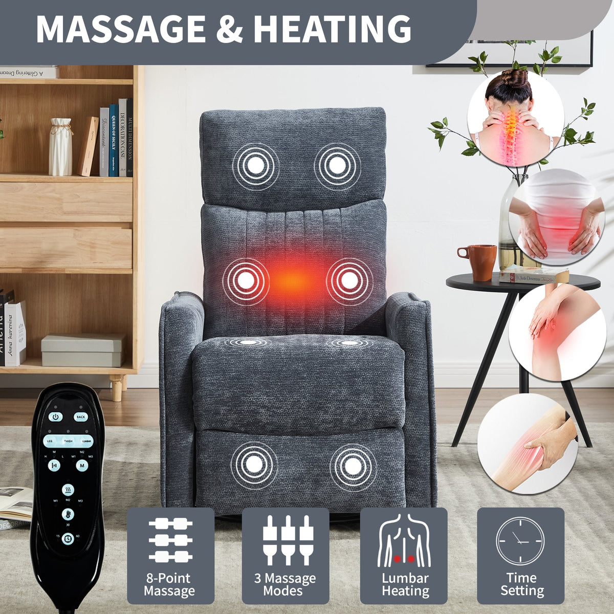 Blue Heat Massage Manual Recliner Chair with Rocker and Swivel, blue-gray fabric, remote control on Tampa Home & Garden Store