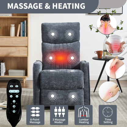 Blue Heat Massage Manual Recliner Chair with Rocker and Swivel, blue-gray fabric, remote control on Tampa Home & Garden Store