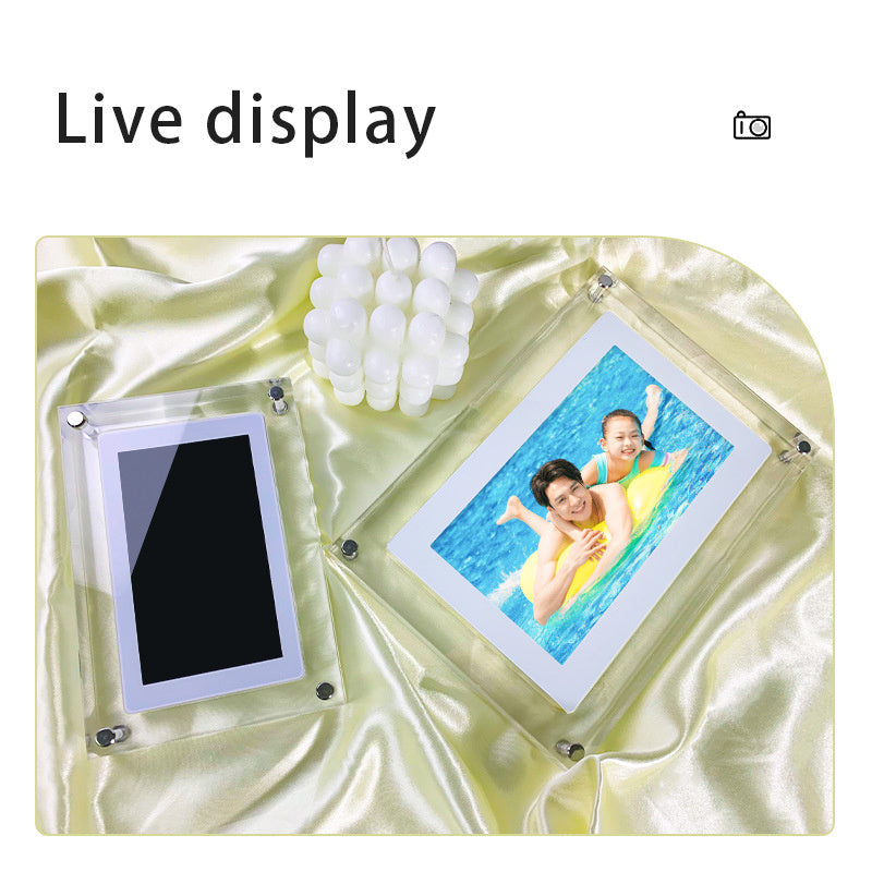 Two acrylic digital picture frames with vertical displays, one showing a photo on satin fabric on Tampa Home & Garden Store