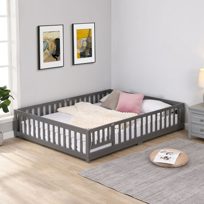 Solid wood floor bed with gray fence rails, platform twins with white linens on Tampa Home & Garden Store