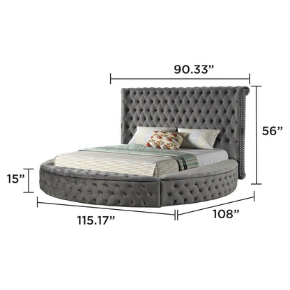 Hazel storage bed by HouseOfZazla, dark gray tufted velvet with nailhead trim, round upholstered storage base on Tampa Home & Garden Store