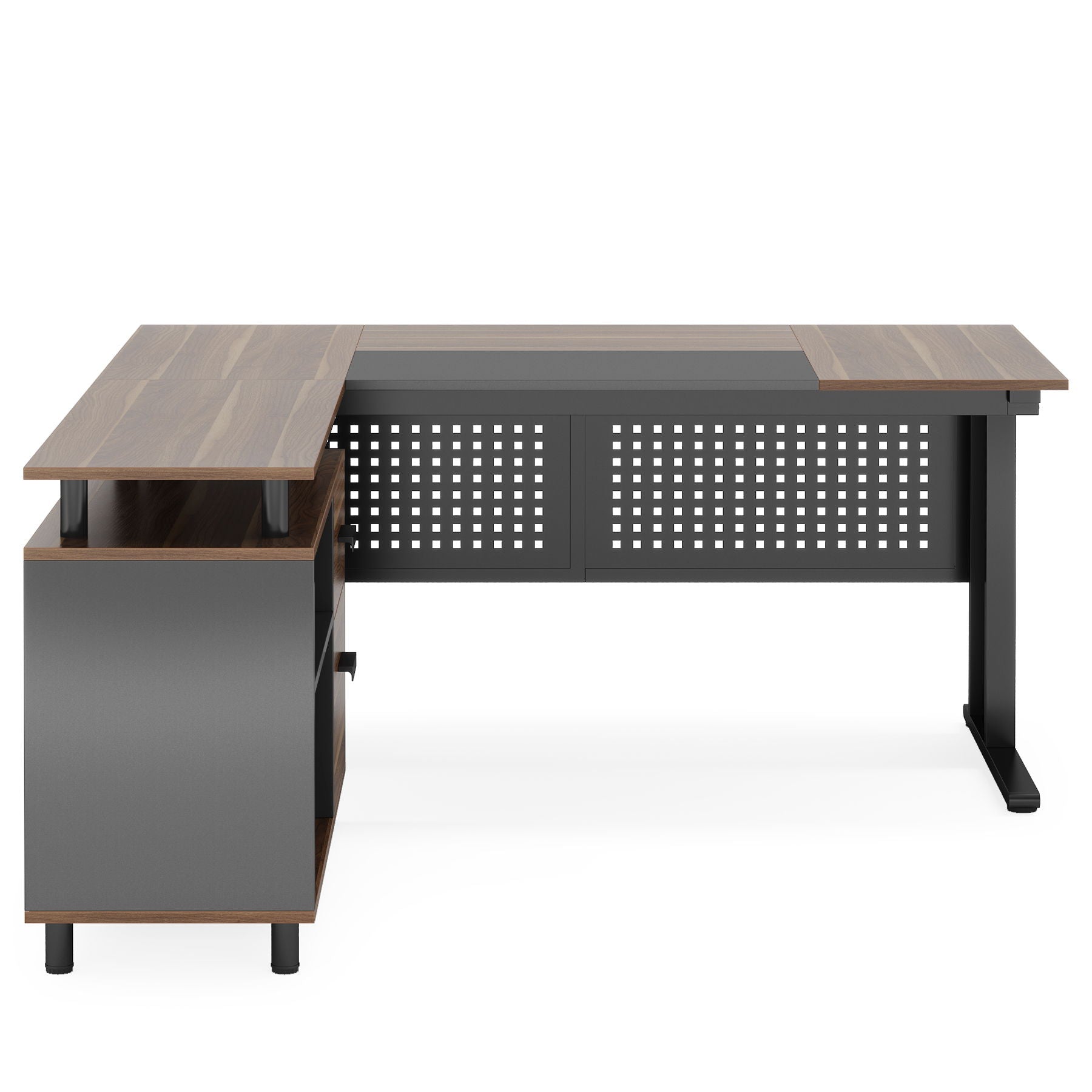 L-shaped executive desk with file cabinet, dark gray frame and walnut tops on Tampa Home & Garden Store