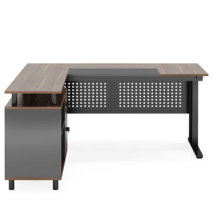 L-shaped executive desk with file cabinet, dark gray frame and walnut tops on Tampa Home & Garden Store