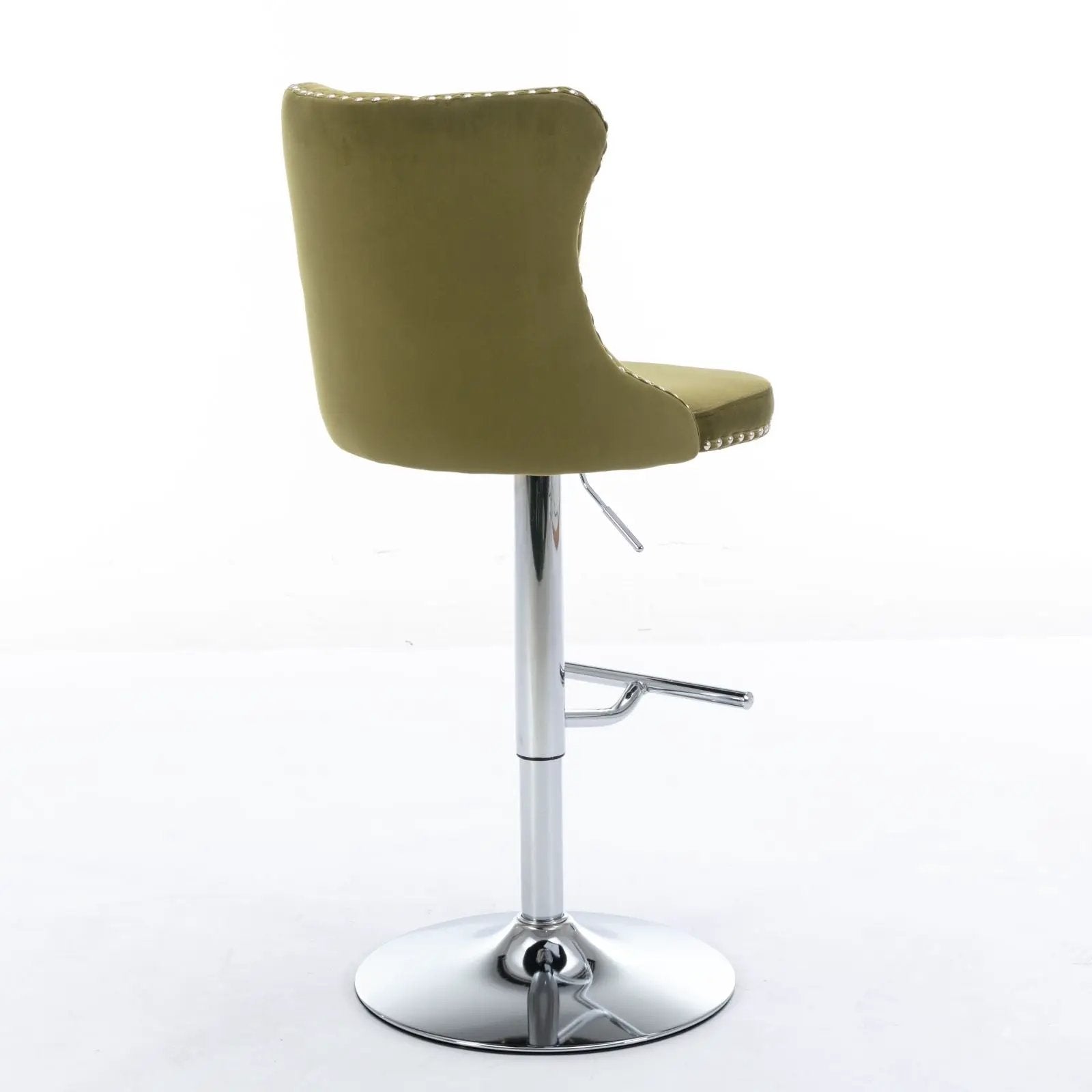 Swivel barstool in olive green upholstery with tufted back and chrome pedestal base on Tampa Home & Garden Store