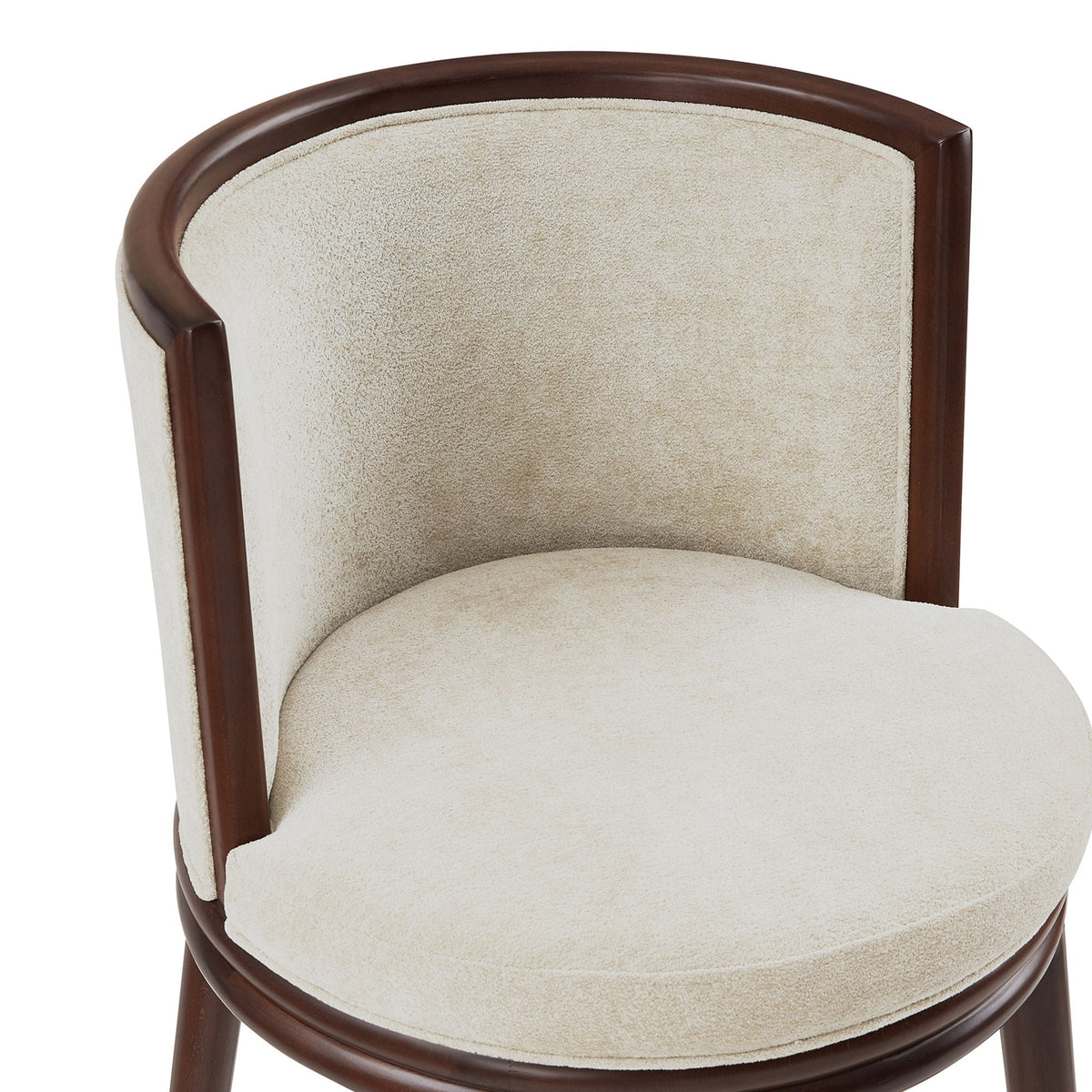 Evalyn Barstool by HouseOfZazla, beige boucle upholstery with dark brown curved wood frame on Tampa Home & Garden Store