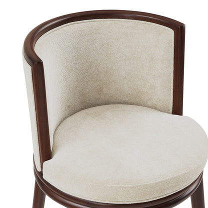 Evalyn Barstool by HouseOfZazla, beige boucle upholstery with dark brown curved wood frame on Tampa Home & Garden Store