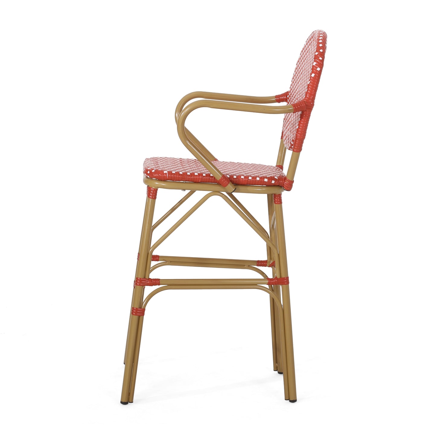 Outdoor wicker and aluminum French barstools set of 2, red woven seat and back, tan frames on Tampa Home & Garden Store