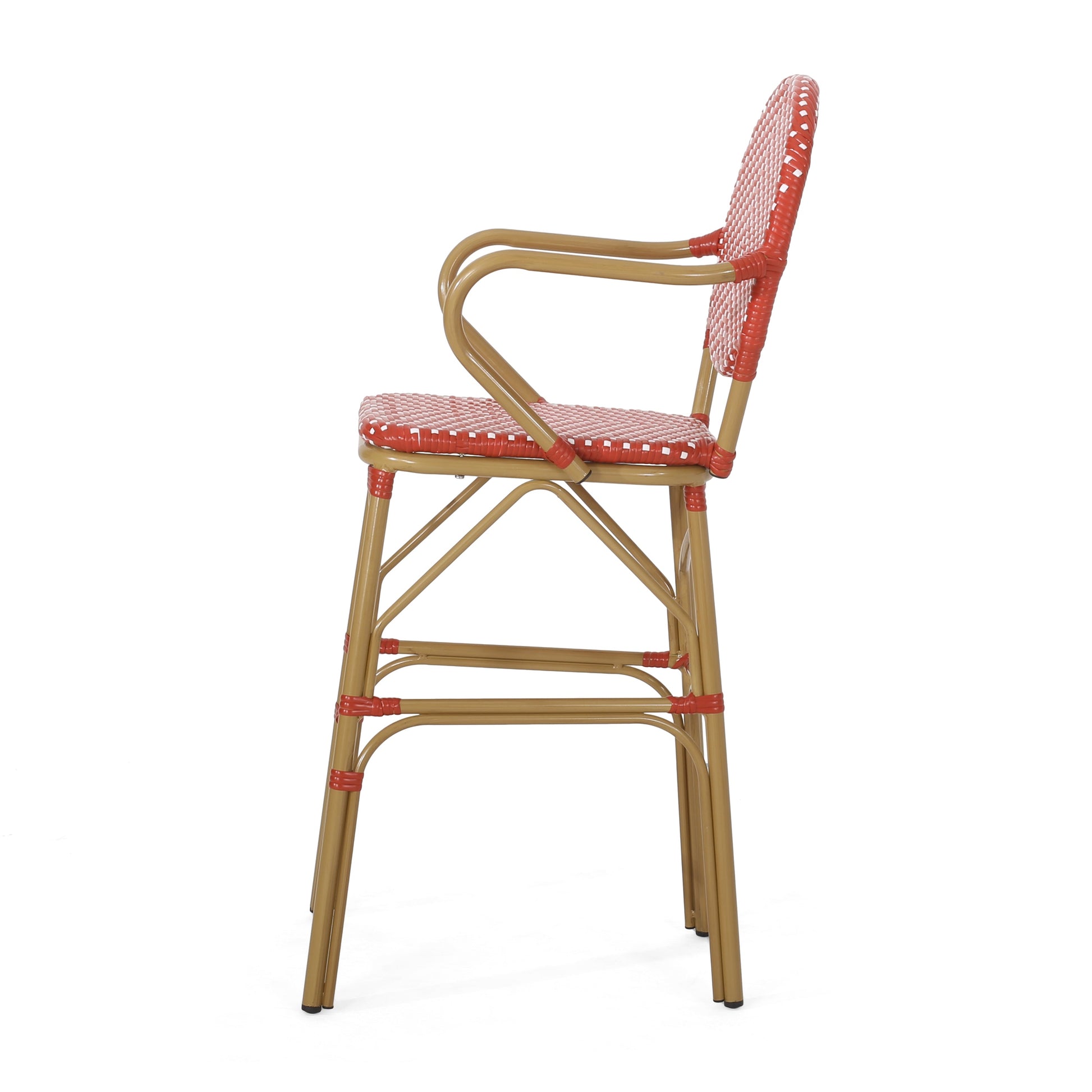 Outdoor wicker and aluminum French barstools set of 2, red woven seat and back, tan frames on Tampa Home & Garden Store