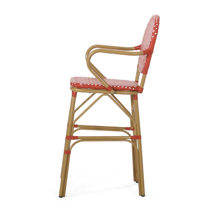 Outdoor wicker and aluminum French barstools set of 2, red woven seat and back, tan frames on Tampa Home & Garden Store