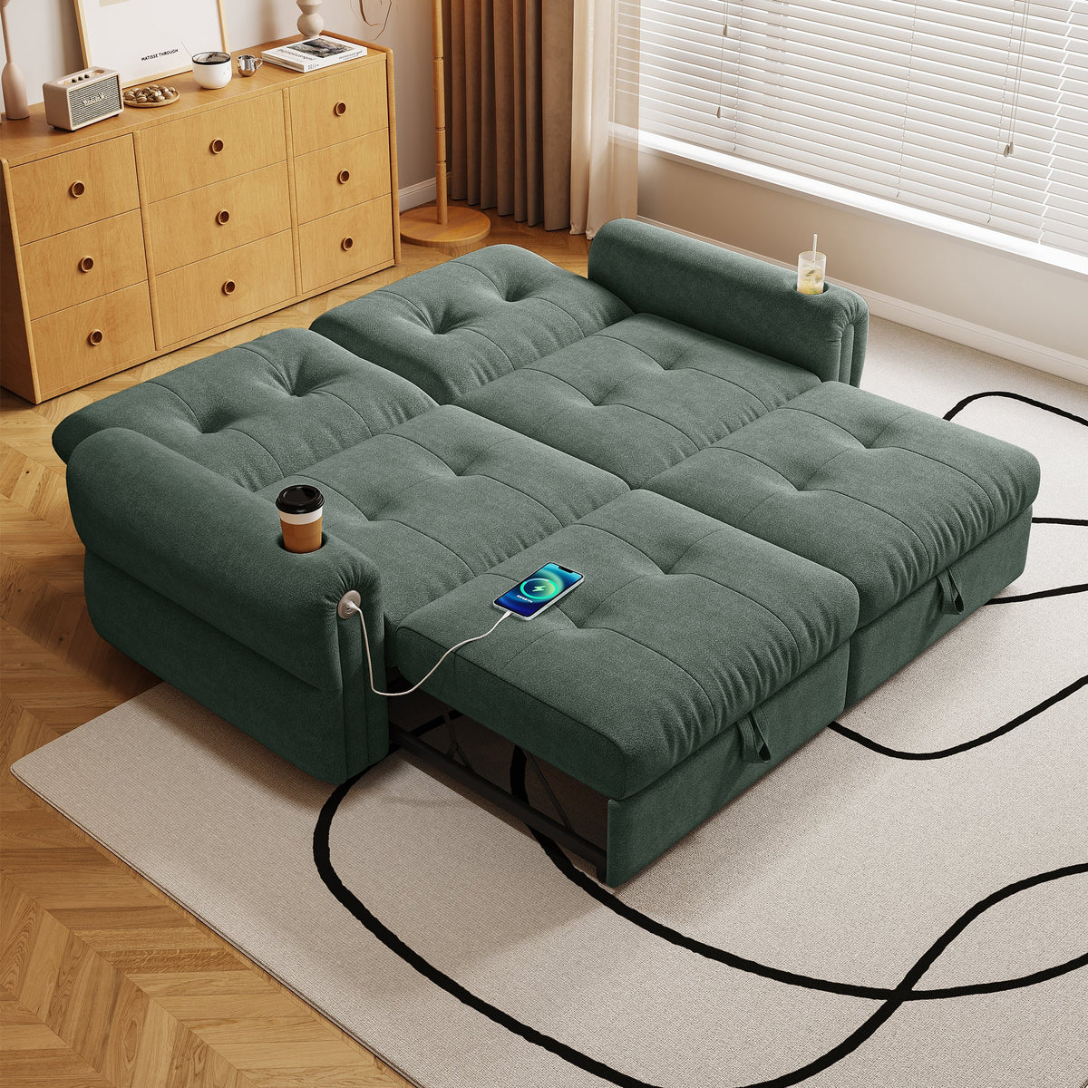Chenille Convertible Sofa Bed by HouseOfZazla in teal upholstery with tufted cushions on Tampa Home & Garden Store