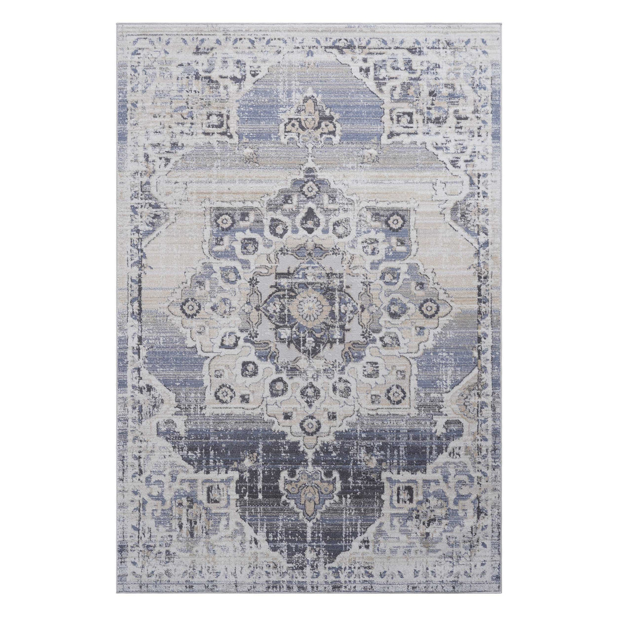 Rug Payas Collection 6.7x9 woven rug in cream and blue with distressed oriental medallion design on Tampa Home & Garden Store