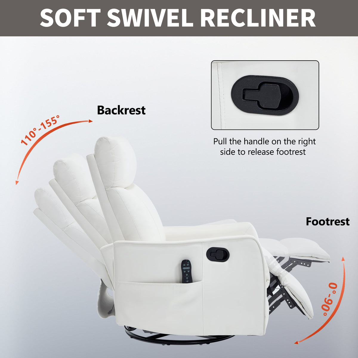 White heat massage recliner chair in faux leather with side control panel, rocker and swivel on Tampa Home & Garden Store