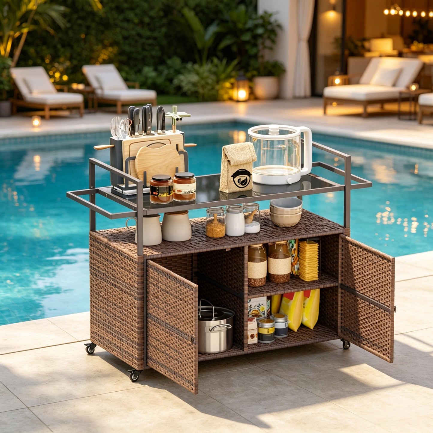 Portable Rattan Cart for Patio and Garden Use