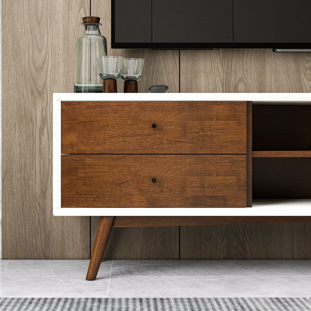 Modern TV stand with white frame and dark brown solid wood drawers, angled legs on Tampa Home & Garden Store