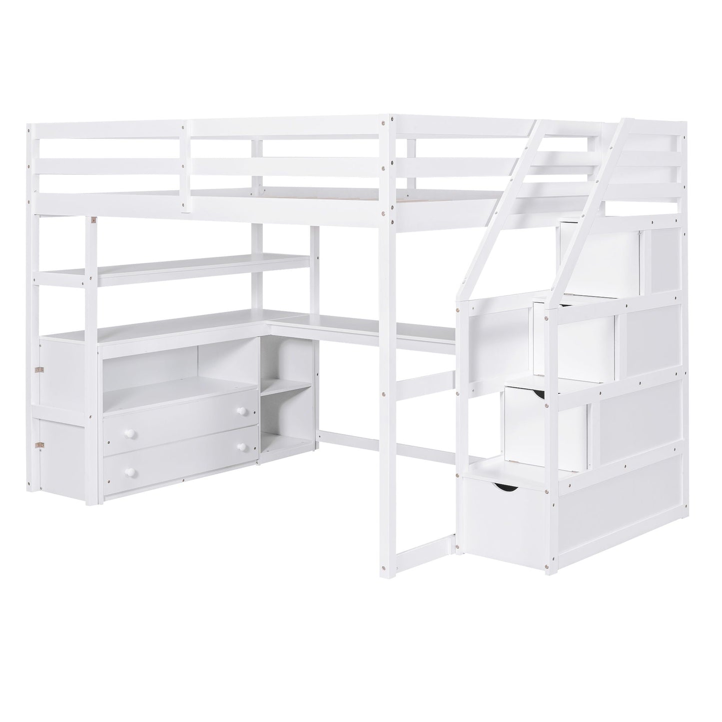 Loft bed with desk and shelves in white, includes 2 drawers and storage staircase on Tampa Home & Garden Store