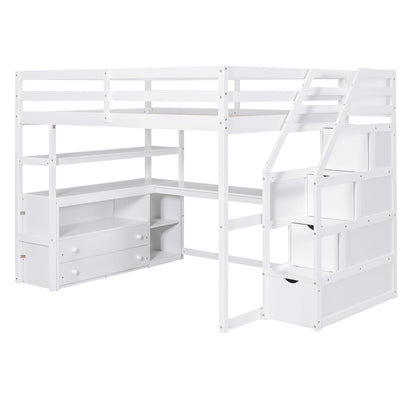 Loft bed with desk and shelves in white, includes 2 drawers and storage staircase on Tampa Home & Garden Store