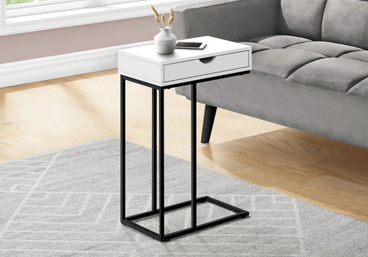 Accent Table C-shaped white top with drawer by Unique Piece Furniture; black metal frame on Tampa Home & Garden Store