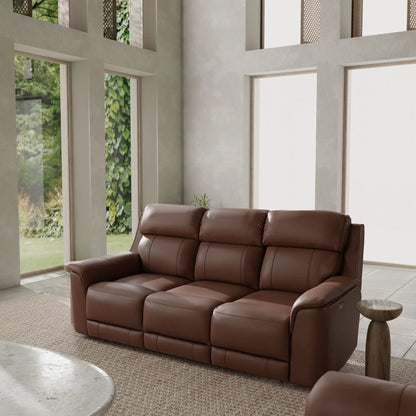 Oslo dual power reclining sofa in brown leather with plush cushions on Tampa Home & Garden Store