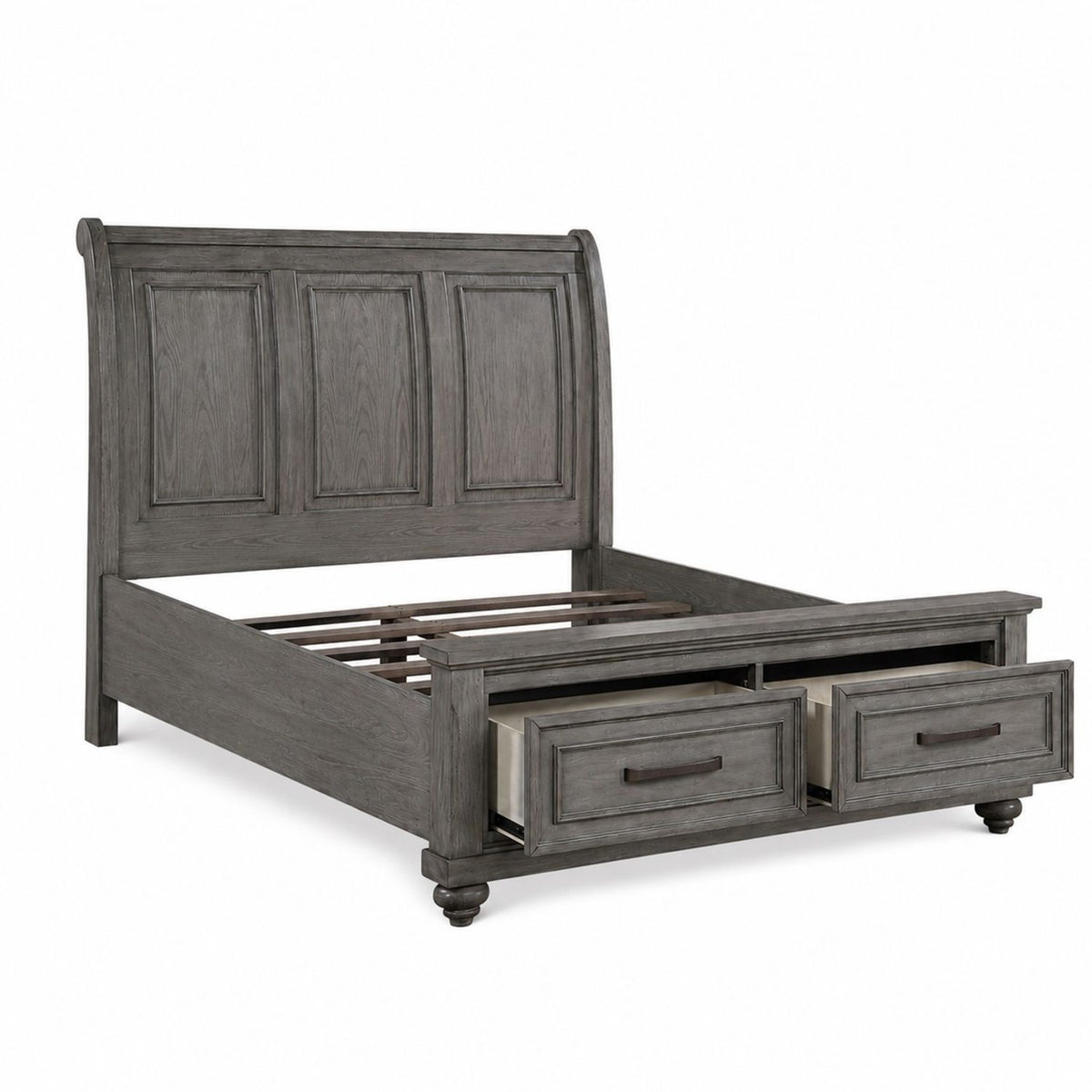 HouseOfZazla gray wood bed frame with paneled headboard and two underbed drawers, 3-piece on Tampa Home & Garden Store