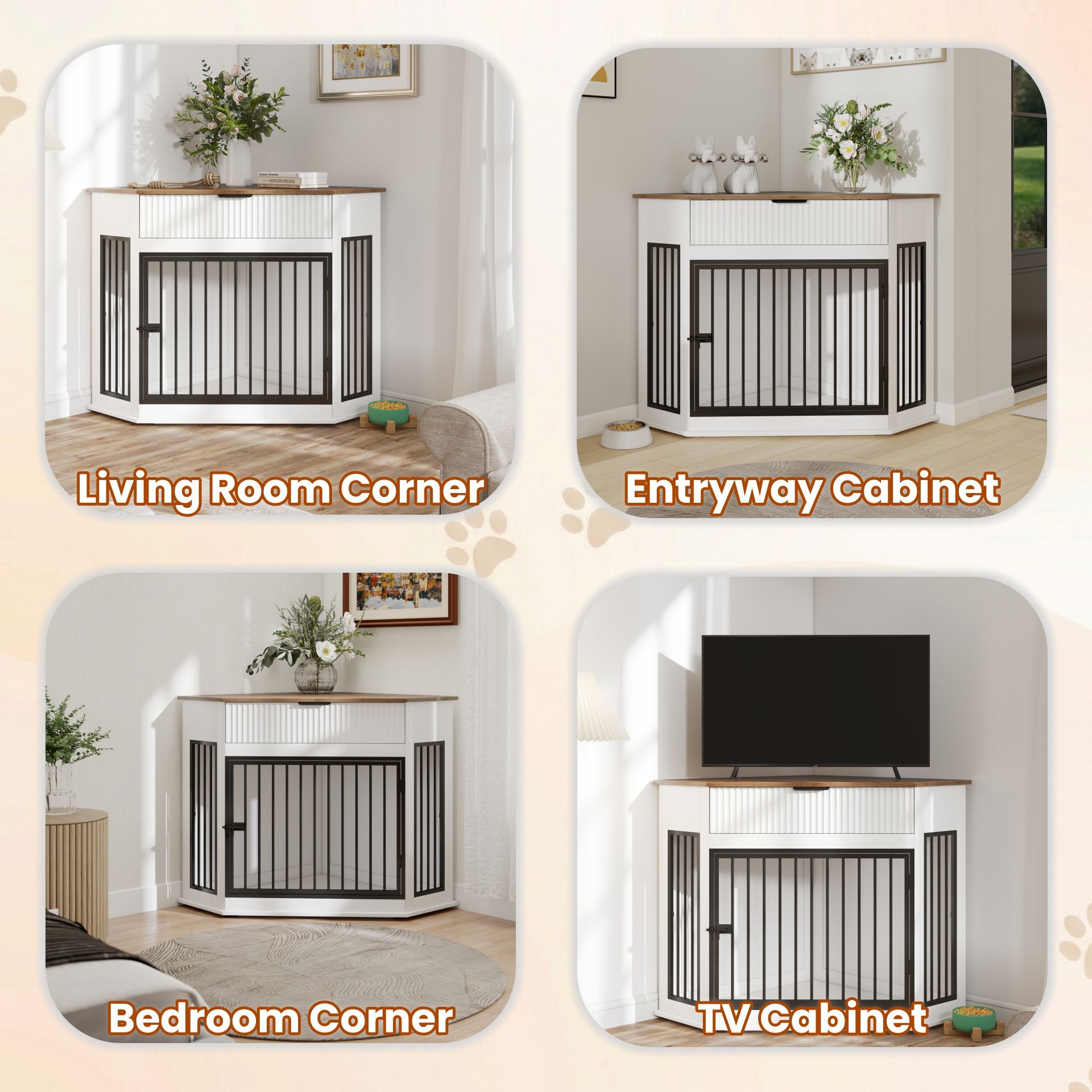 Corner Dog Crate by HouseOfZazla, white cabinet cage with black metal bars on Tampa Home & Garden Store