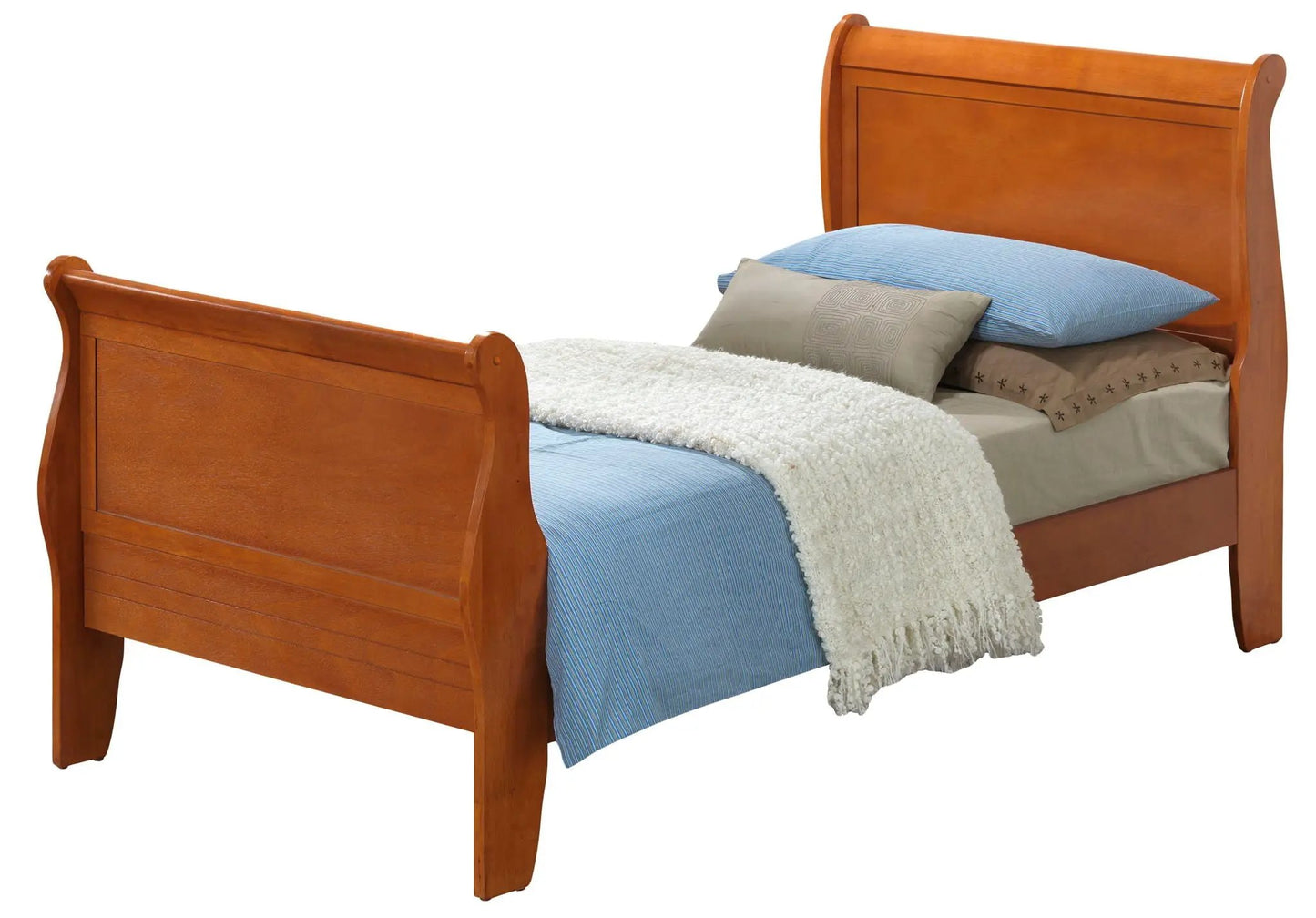 Louis Phillipe Panel Sleigh Bed warm wood with curved headboard and footboard blue bedding on Tampa Home & Garden Store