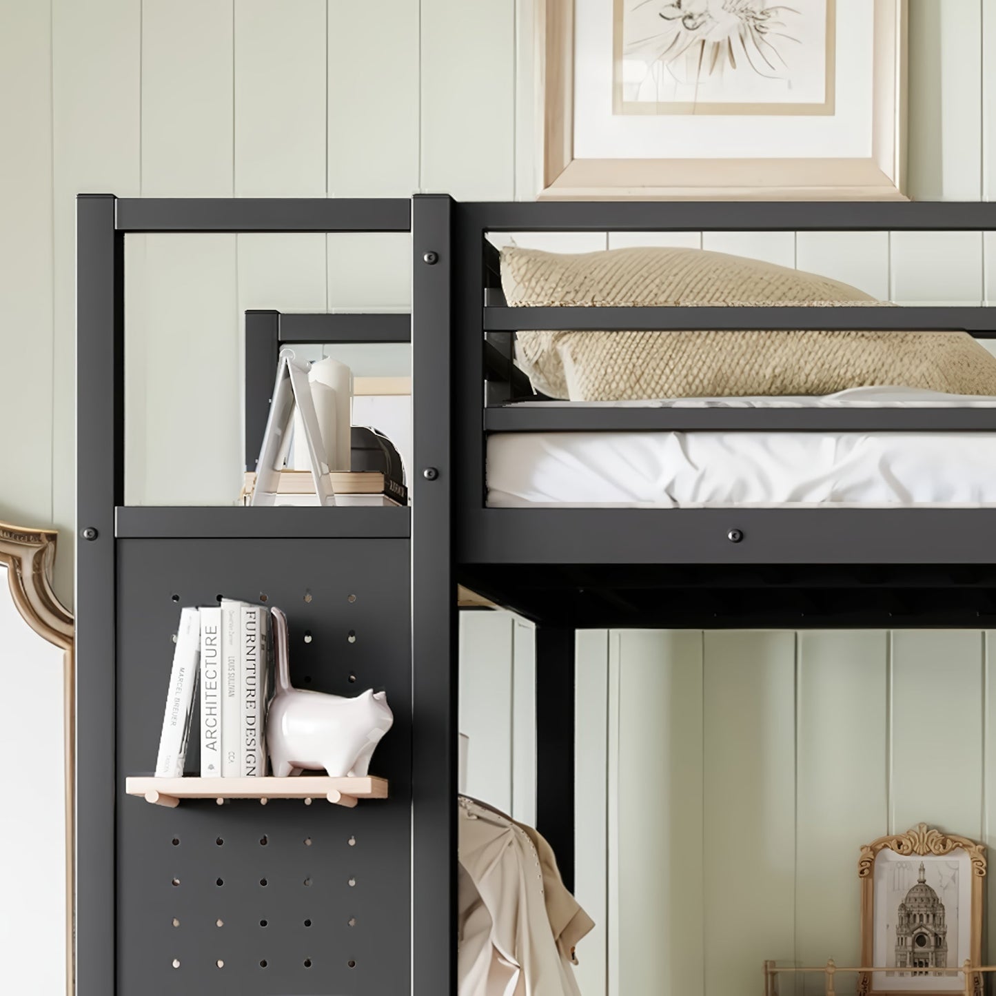 Twin XL Metal Loft Bed With Wardrobe and Shelves