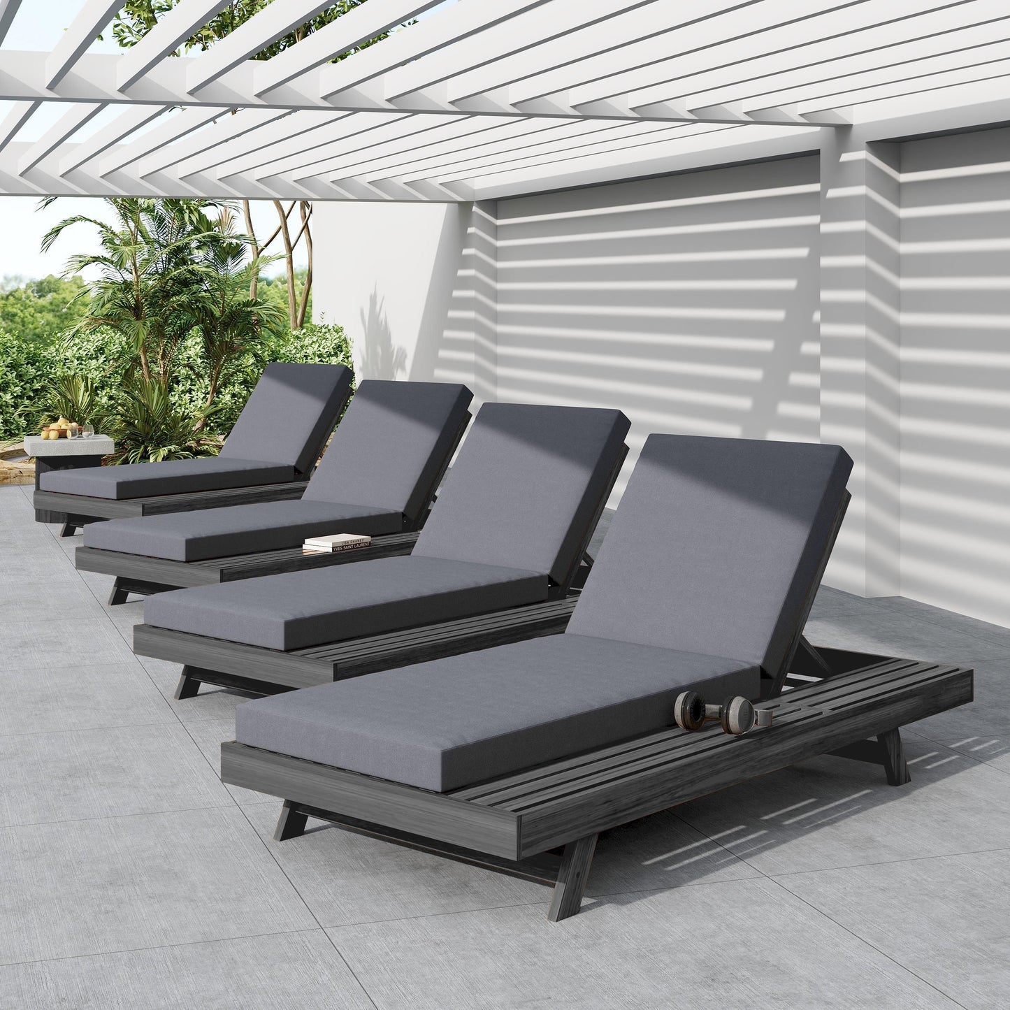 Outdoor chaise lounge set in black acacia wood with water-resistant cushions, four chairs on Tampa Home & Garden Store