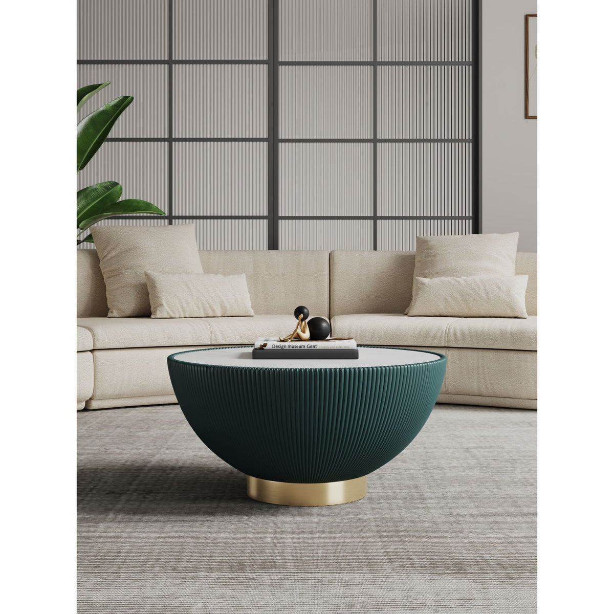 Anderson round coffee table with sintered stone top, teal ribbed base and brass pedestal on Tampa Home & Garden Store