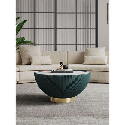 Anderson round coffee table with sintered stone top, teal ribbed base and brass pedestal on Tampa Home & Garden Store