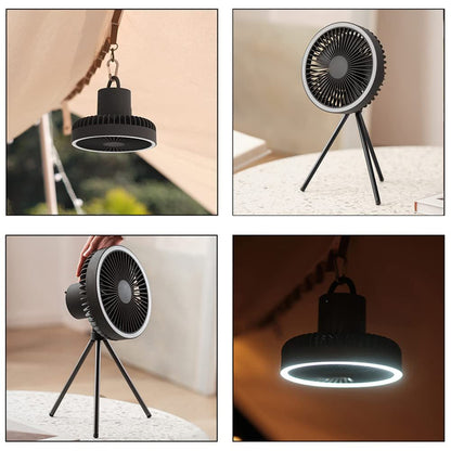 Camping Fan Light USB Tripod Hanging, black circular fan with white LED ring under a canopy on Tampa Home & Garden Store
Camping Fan Light USB Tripod Hanging, compact black fan on tripod stand resting on a countertop on Tampa Home & Garden Store
Camping Fan Light USB Tripod Hanging, side view of black round fan on tripod being adjusted by hand on Tampa Home & Garden Store
Camping Fan Light USB Tripod Hanging, black circular fan with glowing LED ring in dark room on Tampa Home & Garden Store