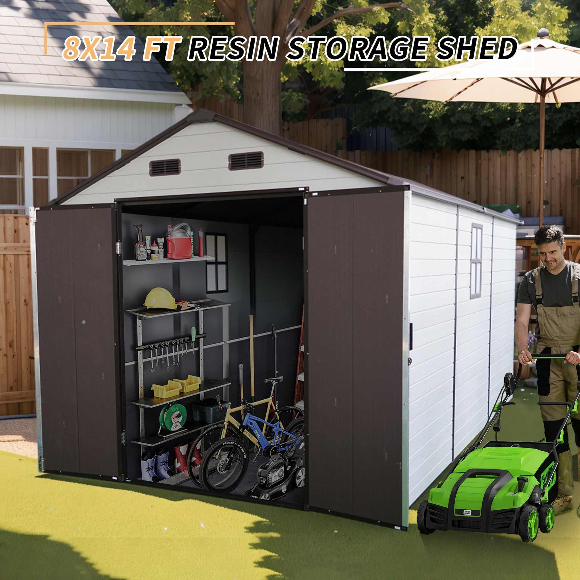 8x14 ft resin storage shed with windows white trim doors open to tool shelves and bikes on Tampa Home & Garden Store