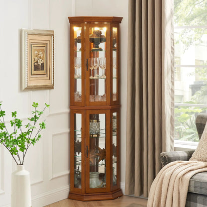 Corner curio cabinet with lights, oak finish, glass shelves, mirrored back on Tampa Home & Garden Store
