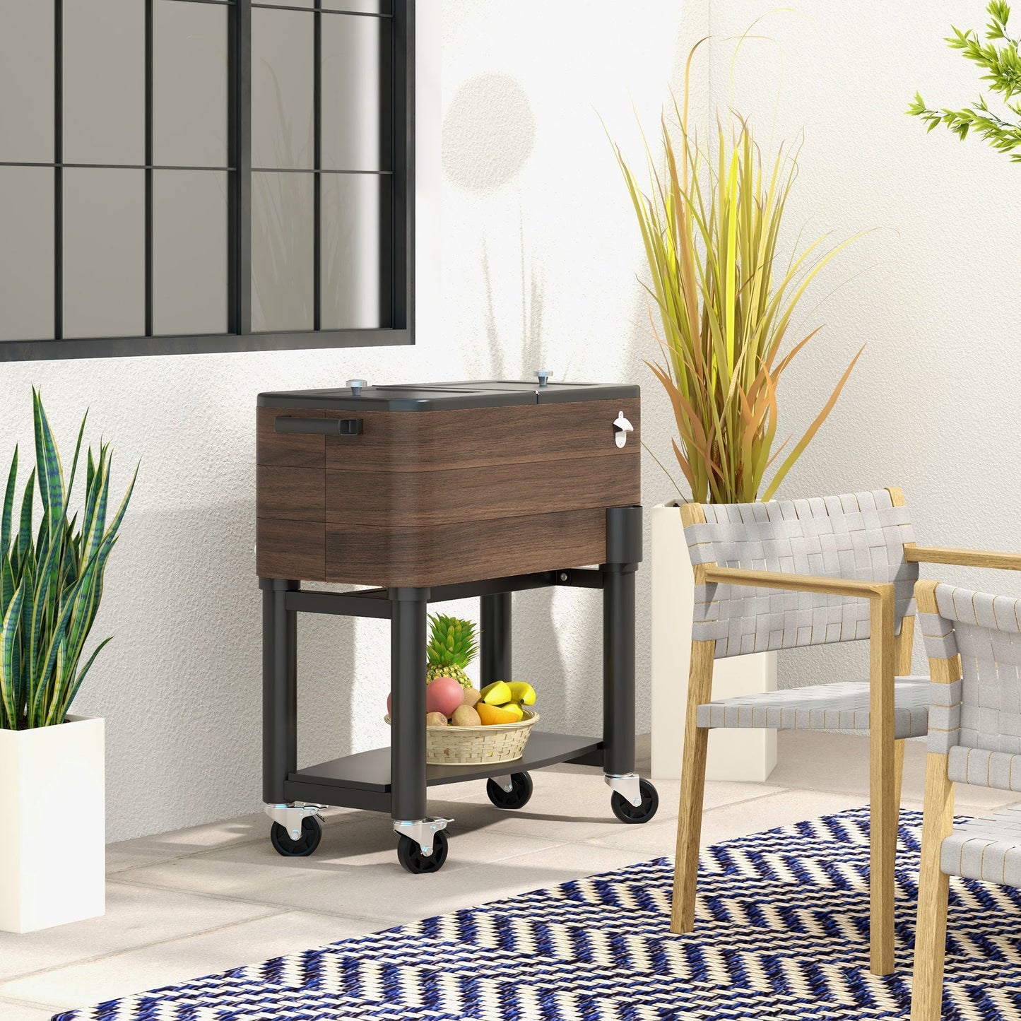 Outsunny outdoor cooler cart rolling beverage ice chest with brown wood-grain cabinet on Tampa Home & Garden Store