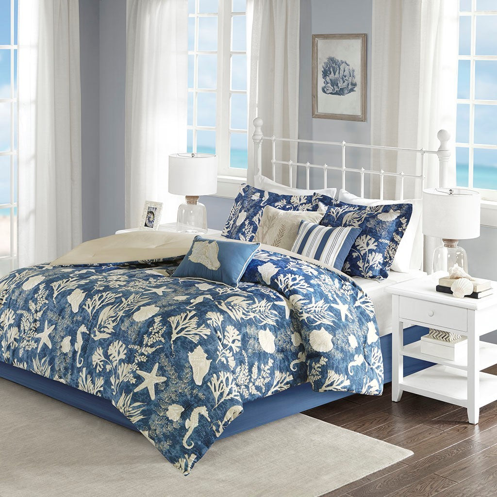 7 Piece Cotton Sateen Comforter Set Blue Cal King on white metal bed with coastal shell print on Tampa Home & Garden Store