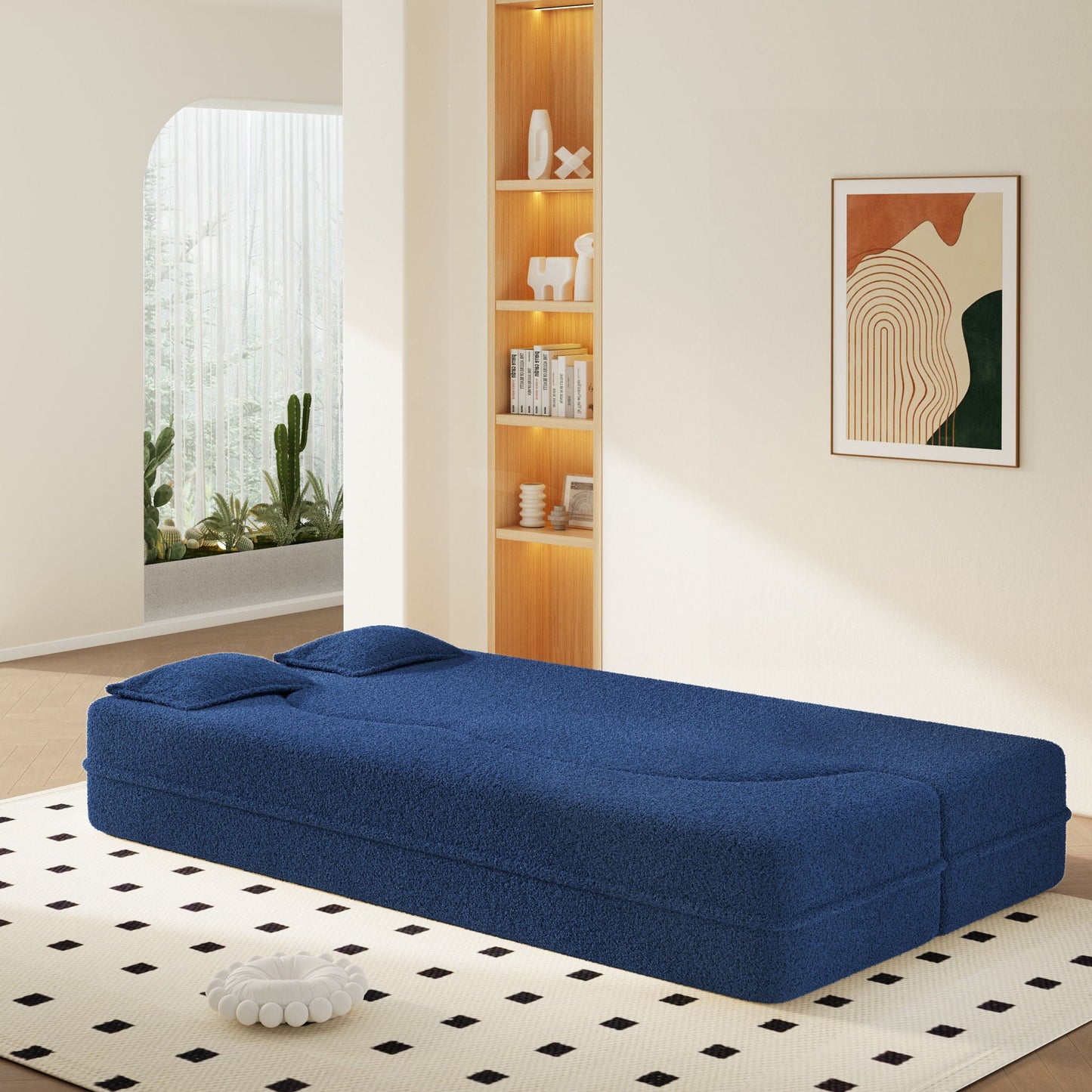 Modern Floor Sleeper Sofa Bed And Two Pillows