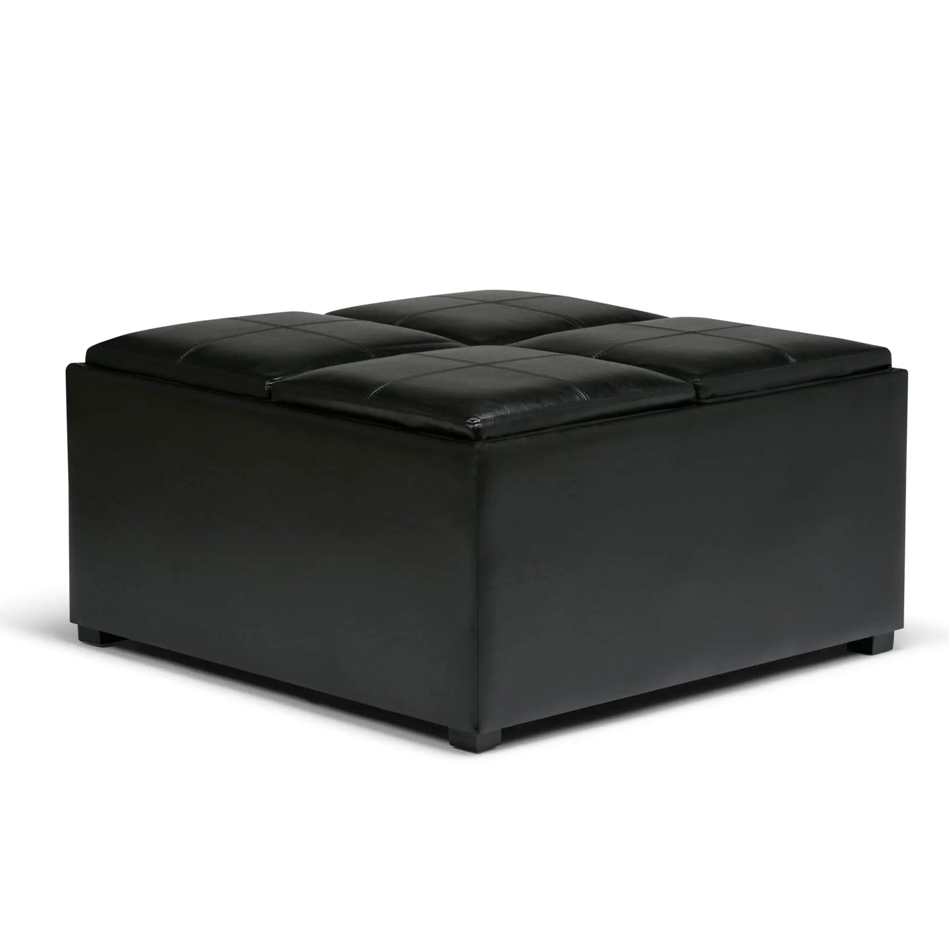 Avalon square storage ottoman in black leather with quilted top on Tampa Home & Garden Store
