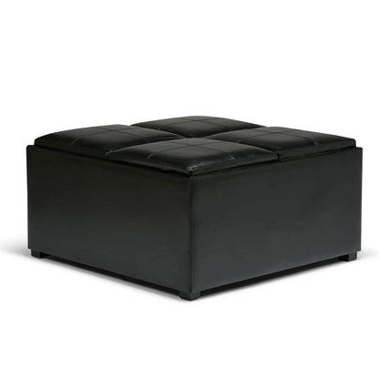 Avalon square storage ottoman in black leather with quilted top on Tampa Home & Garden Store