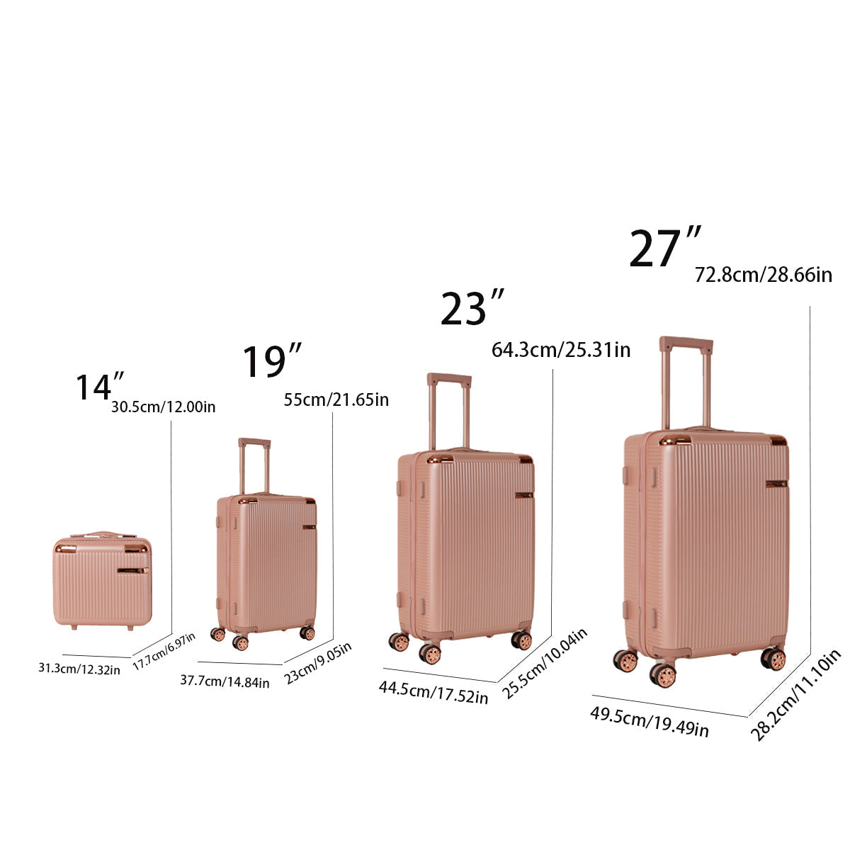 4-Piece Hard ABS Luggage Set by HouseOfZazla with 360° dual rotating wheels rose gold on Tampa Home & Garden Store